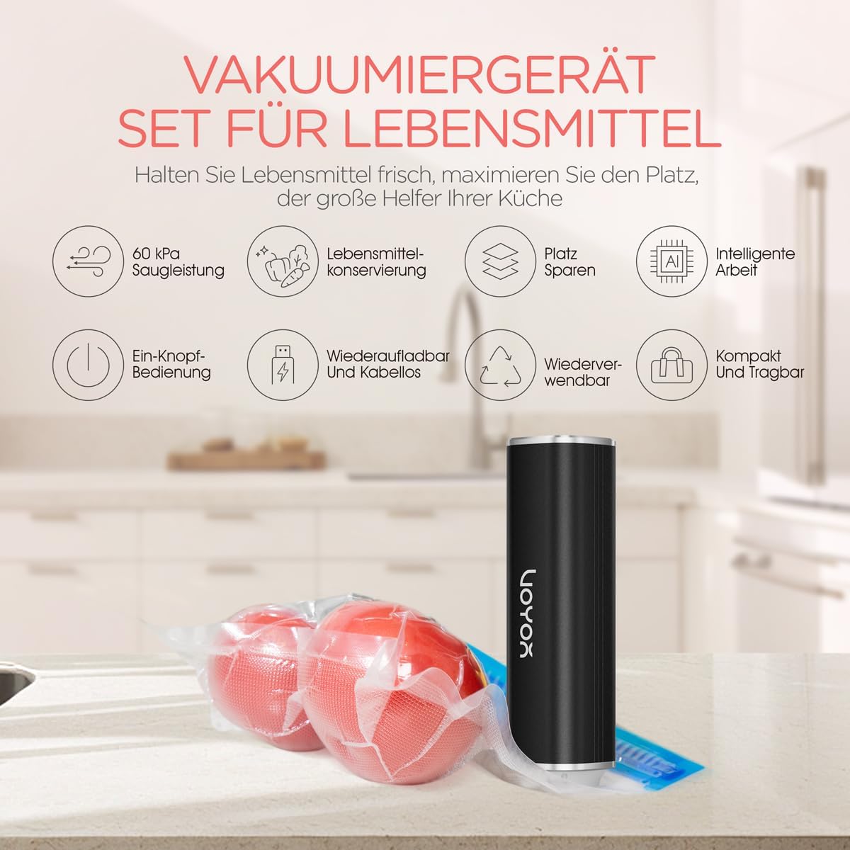 VOYOR Portable Handheld Vacuum Sealer – Rechargeable, Wireless & Automatic, Includes 5 Bags