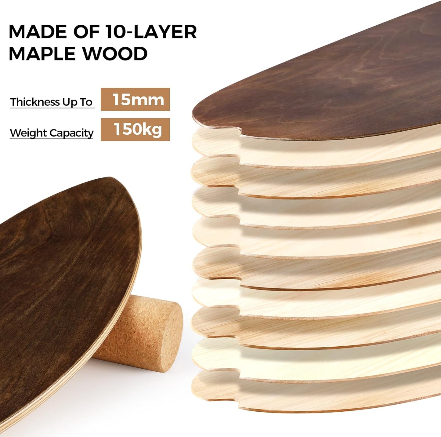Ultimate Balance Board – Indoor Surf & Skate Trainer | 15mm Thick + 10mm Cork Roller | Supports Up to 150kg