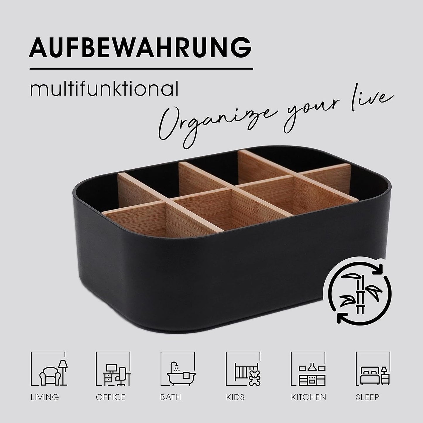 Eco-Friendly Premium Bamboo Organizer – Multi-Purpose Storage Solution for Cosmetics, Desk, Kitchen, Bathroom & More | 8 Compartments, Non-Slip, Plastic-Free Design