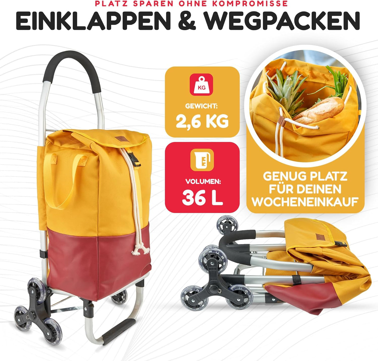 TrayTrol Folding Shopping Trolley with Stair Runner – Shopping without Towing – Shopping Trolley, Trolley Shopper, Shopping Bag Wheels, Hackenporsche, Shopping Trolley Bag