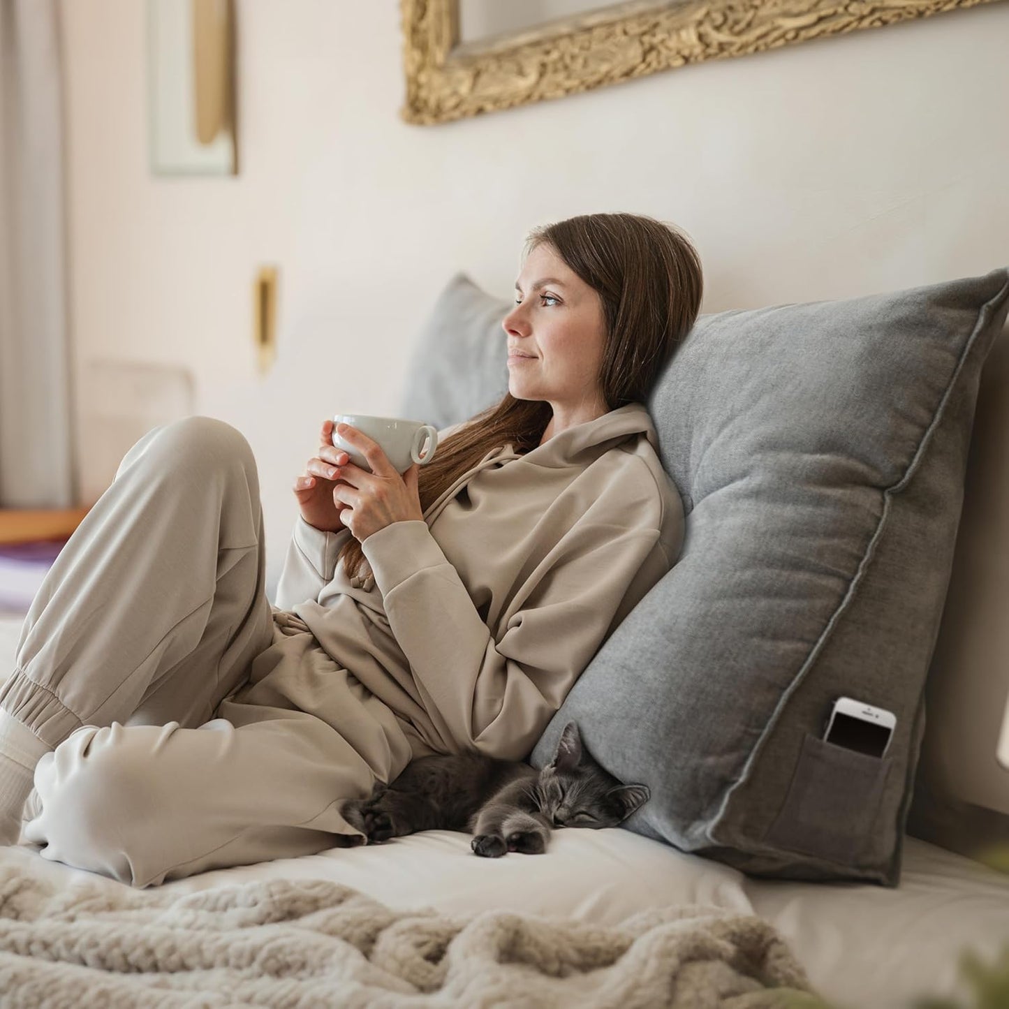 Björn & Schiller Backrest Pillow – Gray | Cozy Support for Bed & Sofa | Wedge Cushion with Washable Cover