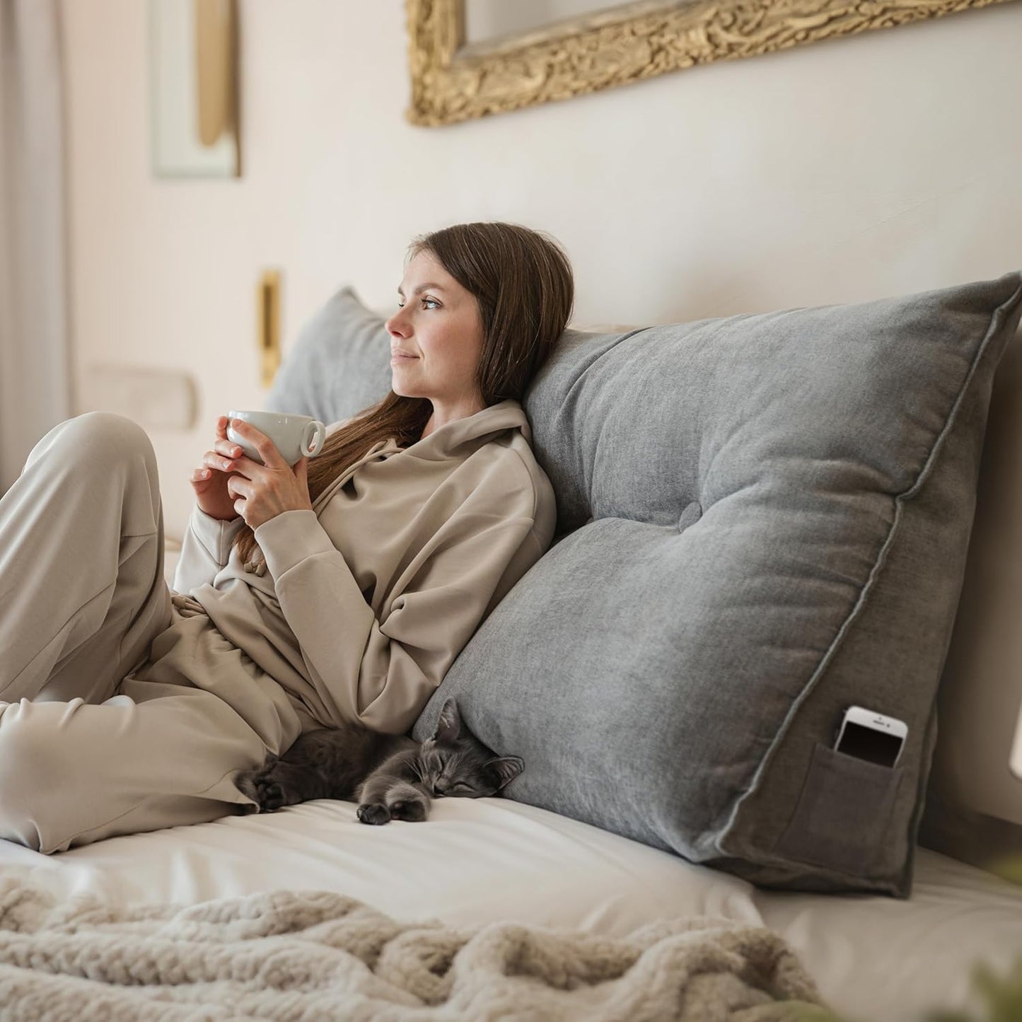 Björn & Schiller Backrest Pillow – Gray | Cozy Support for Bed & Sofa | Wedge Cushion with Washable Cover