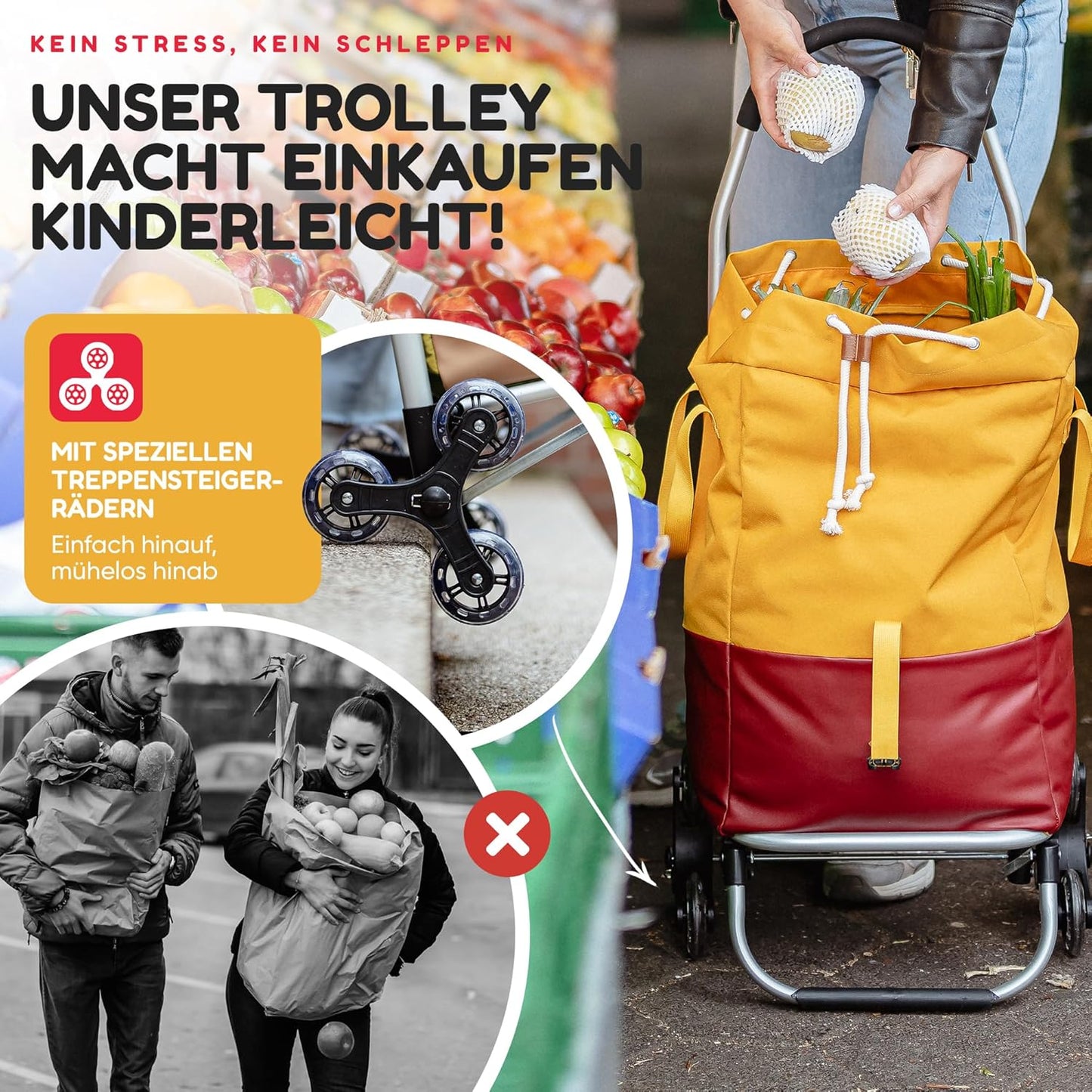 TrayTrol Folding Shopping Trolley with Stair Runner – Shopping without Towing – Shopping Trolley, Trolley Shopper, Shopping Bag Wheels, Hackenporsche, Shopping Trolley Bag