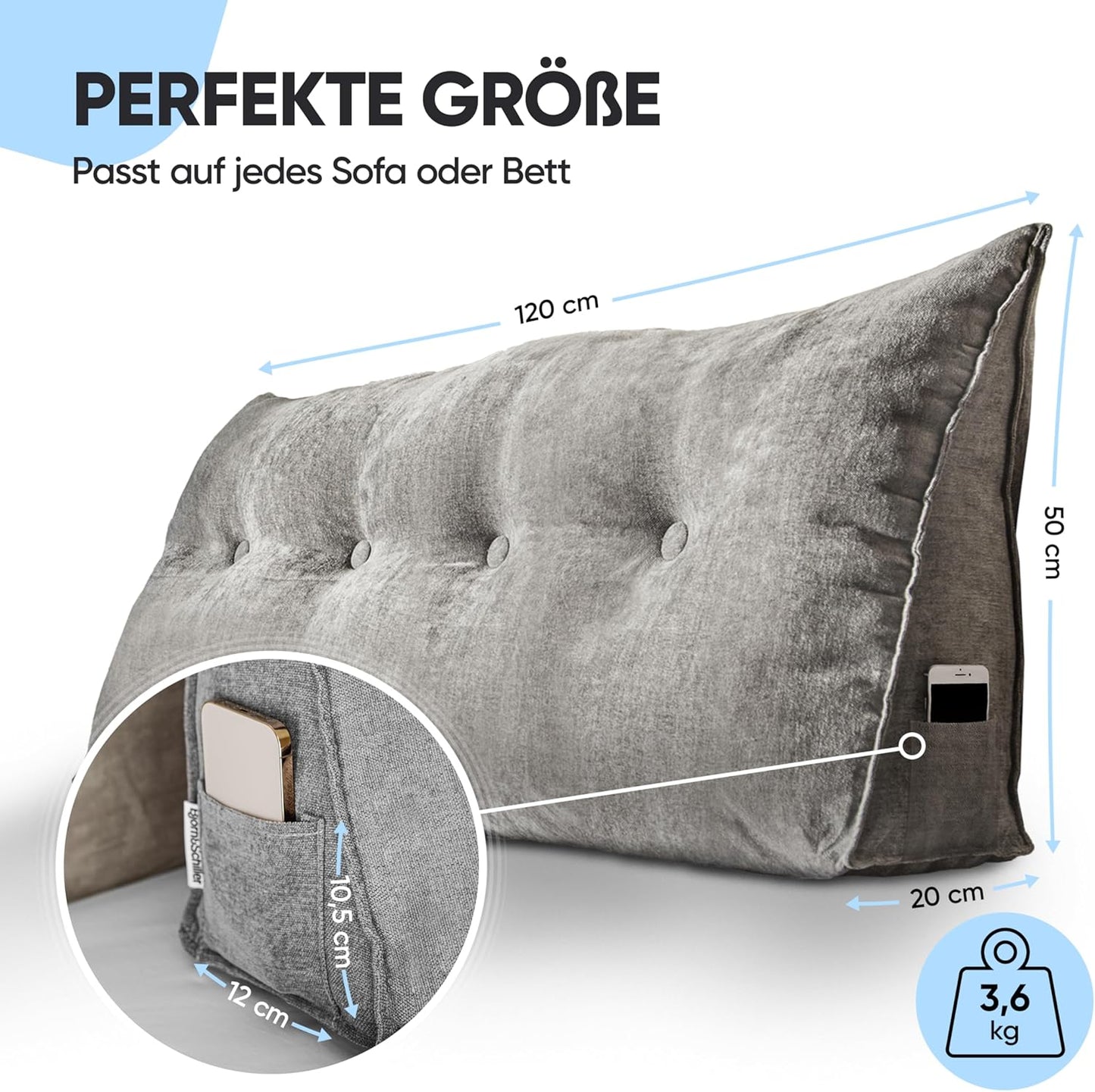 Björn & Schiller Backrest Pillow – Gray | Cozy Support for Bed & Sofa | Wedge Cushion with Washable Cover
