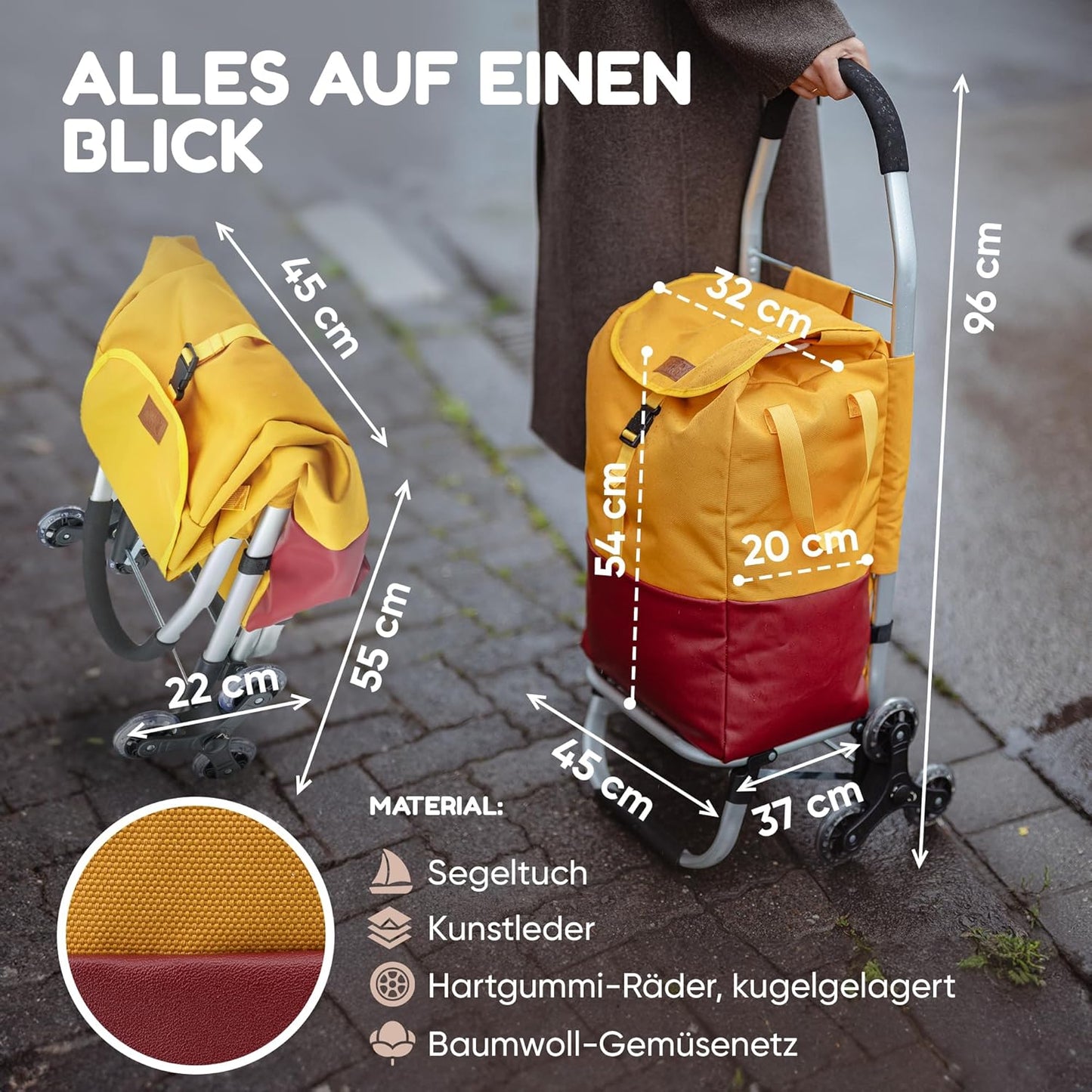 TrayTrol Folding Shopping Trolley with Stair Runner – Shopping without Towing – Shopping Trolley, Trolley Shopper, Shopping Bag Wheels, Hackenporsche, Shopping Trolley Bag