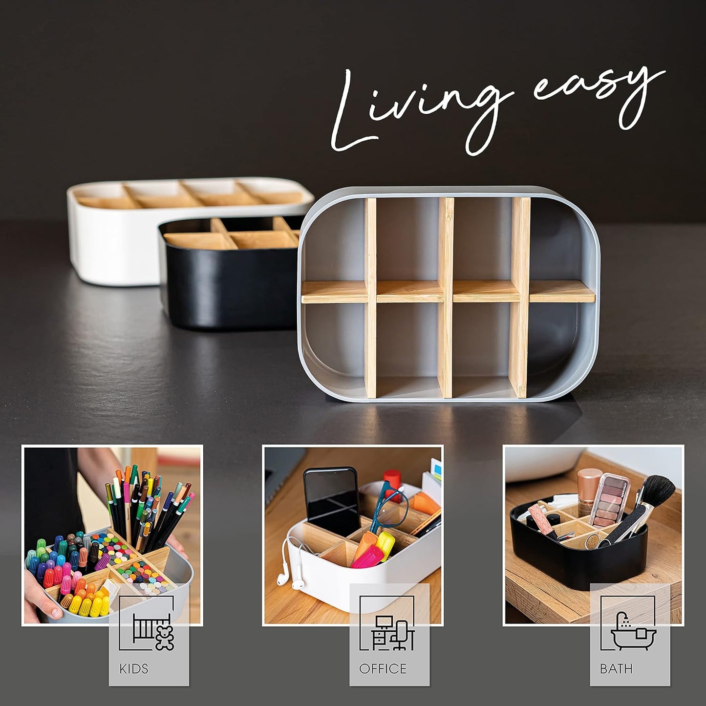 Eco-Friendly Premium Bamboo Organizer – Multi-Purpose Storage Solution for Cosmetics, Desk, Kitchen, Bathroom & More | 8 Compartments, Non-Slip, Plastic-Free Design