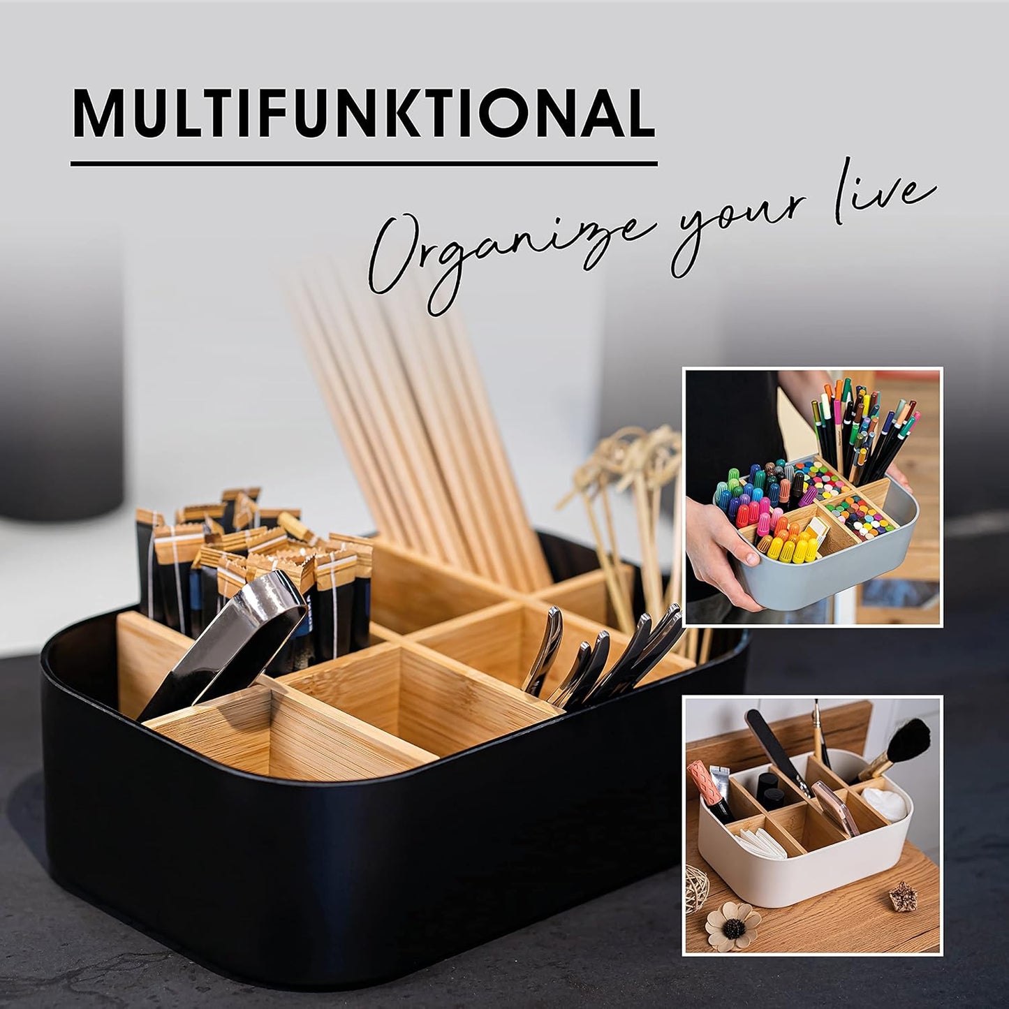 Eco-Friendly Premium Bamboo Organizer – Multi-Purpose Storage Solution for Cosmetics, Desk, Kitchen, Bathroom & More | 8 Compartments, Non-Slip, Plastic-Free Design