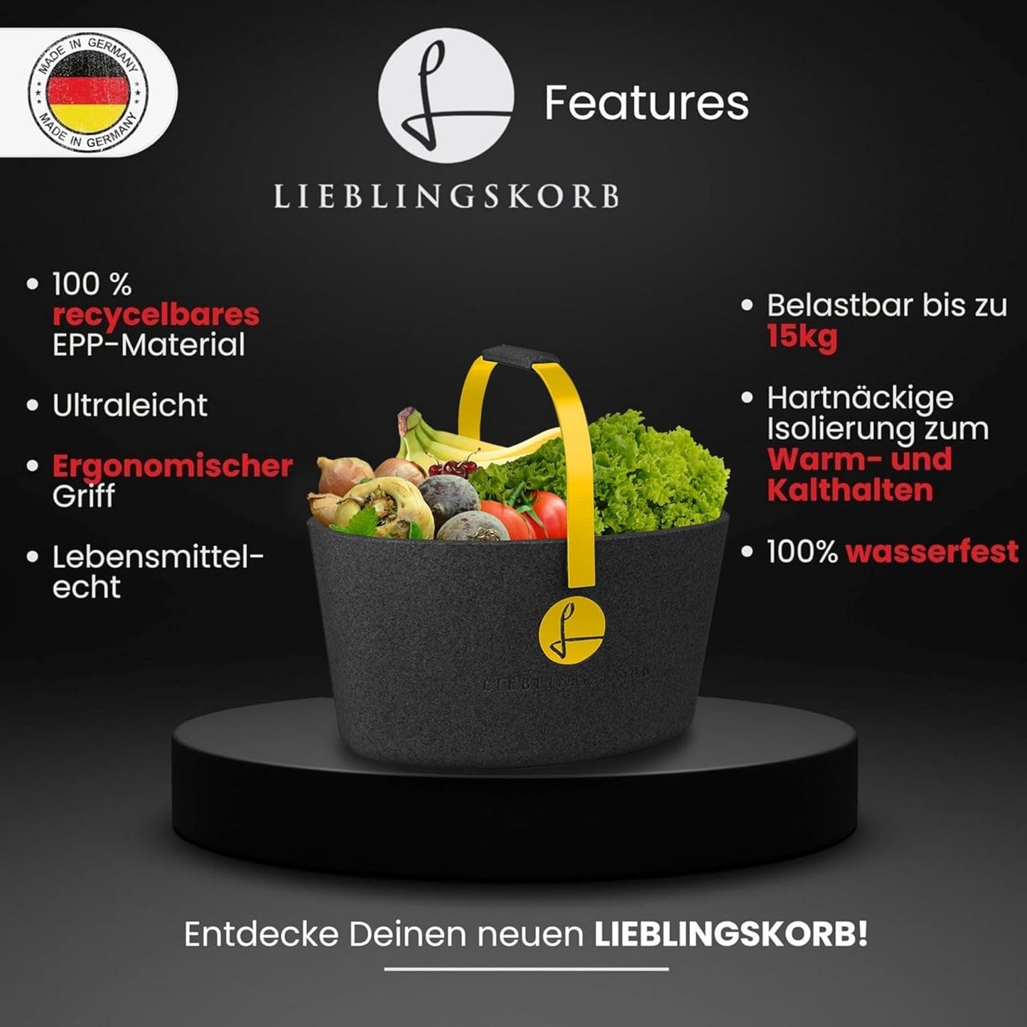 Lieblingskorb Plus: Deep Black Shopping Basket and Thermal Box in One – Includes Lid, Insulated and Washable, Volume: 22 Liters