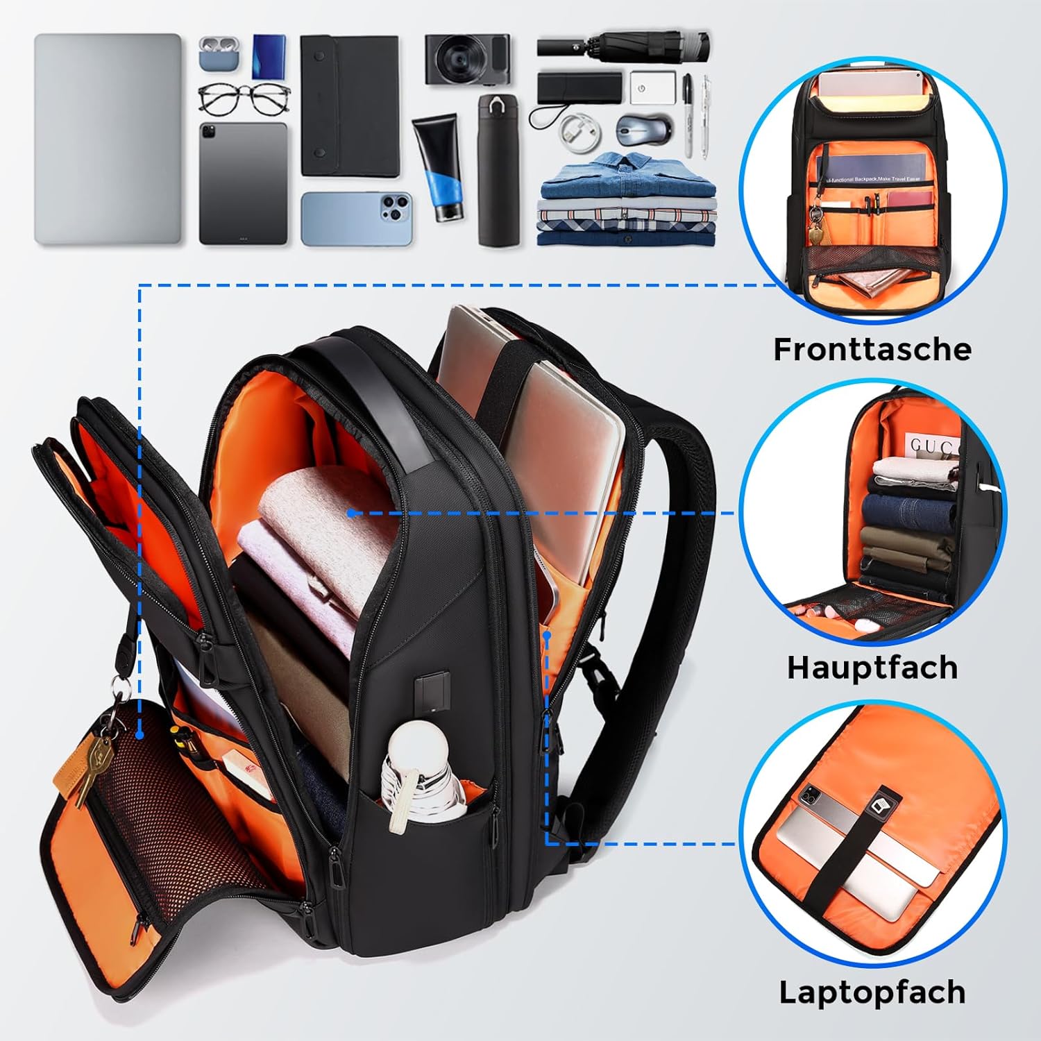 FENRUIEN Erweiterbarer Laptop Rucksack – Stilvoller Business-Rucksack mit 17-Zoll Laptopfach & USB-Ladeanschluss für Herren, Damen & Teenager