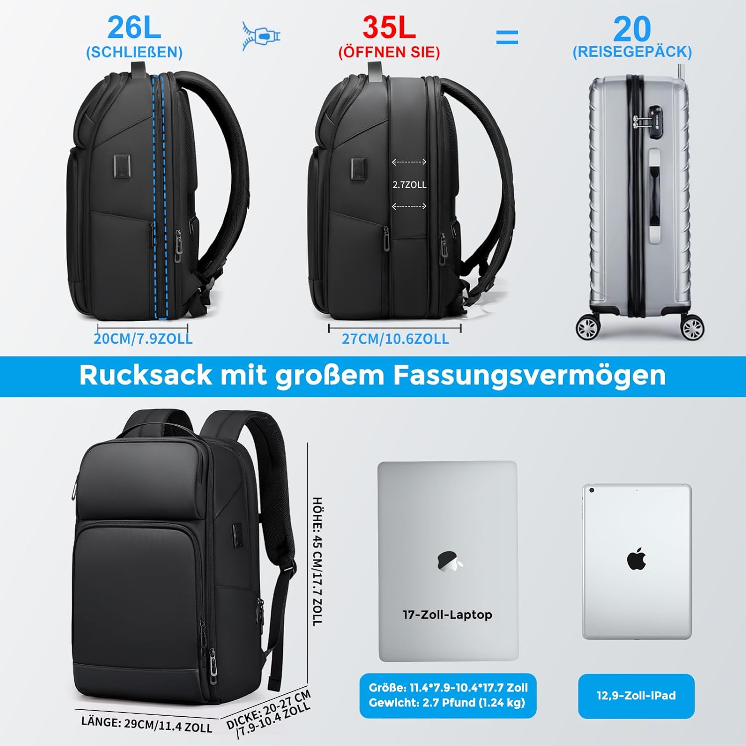 FENRUIEN Erweiterbarer Laptop Rucksack – Stilvoller Business-Rucksack mit 17-Zoll Laptopfach & USB-Ladeanschluss für Herren, Damen & Teenager