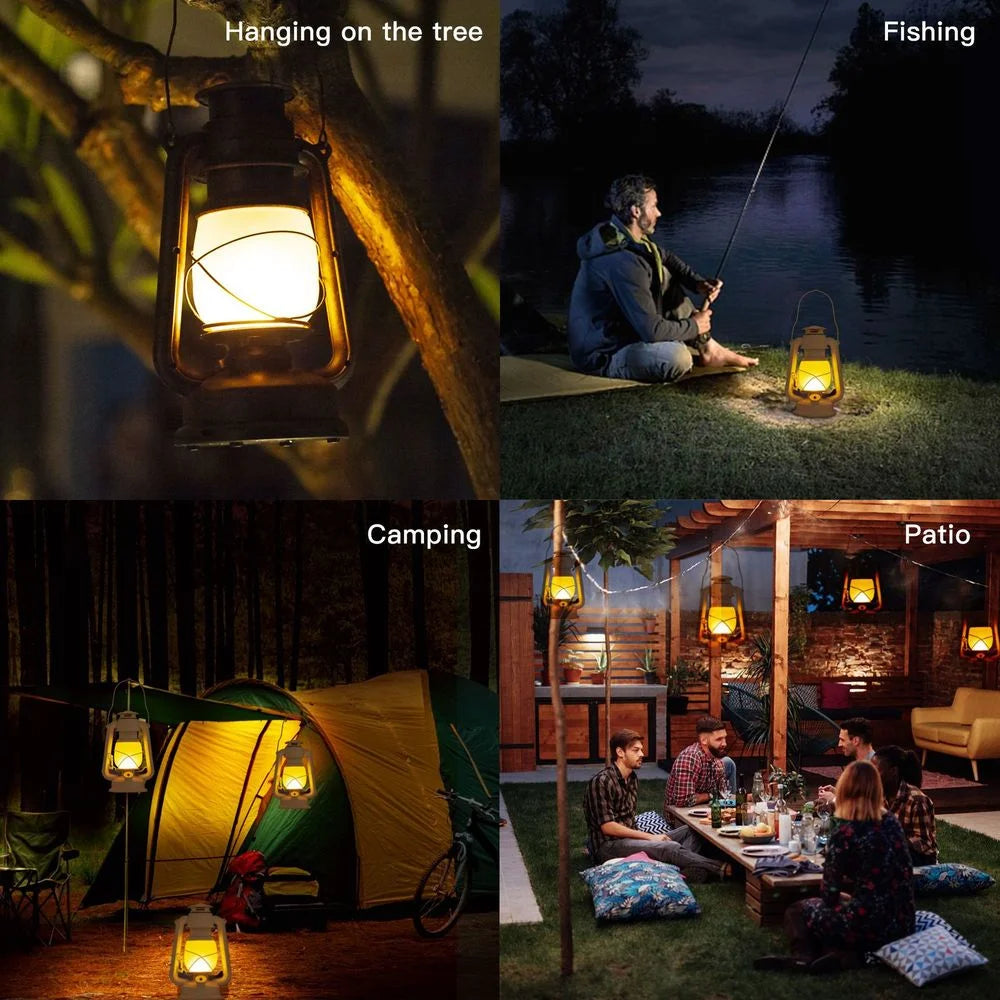 LED Vintage Camping Laterne mit flackernder Flamme, tragbar, batteriebetrieben, mit Knopfschalter, für Outdoor-Beleuchtung