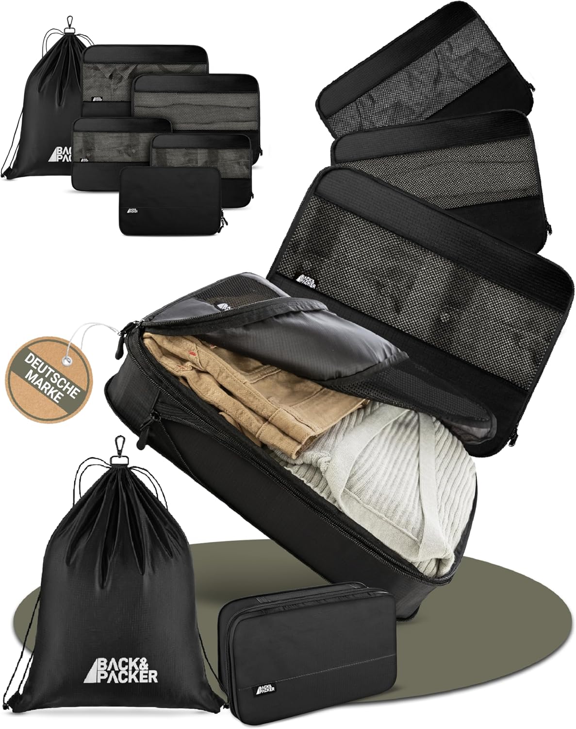 ® Packing Cubes Mit Kompression 6-Teilig - Packtaschen Set Aus Recyceltem Material - Leichte Organizer Für Rucksack & Koffer - Inkl. Packwürfel Für Nasse Wäsche & Beutel (Schwarz)