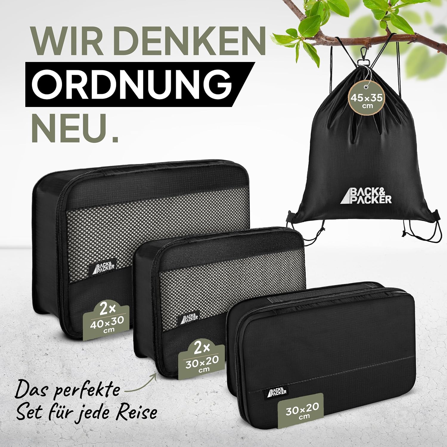 ® Packing Cubes Mit Kompression 6-Teilig - Packtaschen Set Aus Recyceltem Material - Leichte Organizer Für Rucksack & Koffer - Inkl. Packwürfel Für Nasse Wäsche & Beutel (Schwarz)