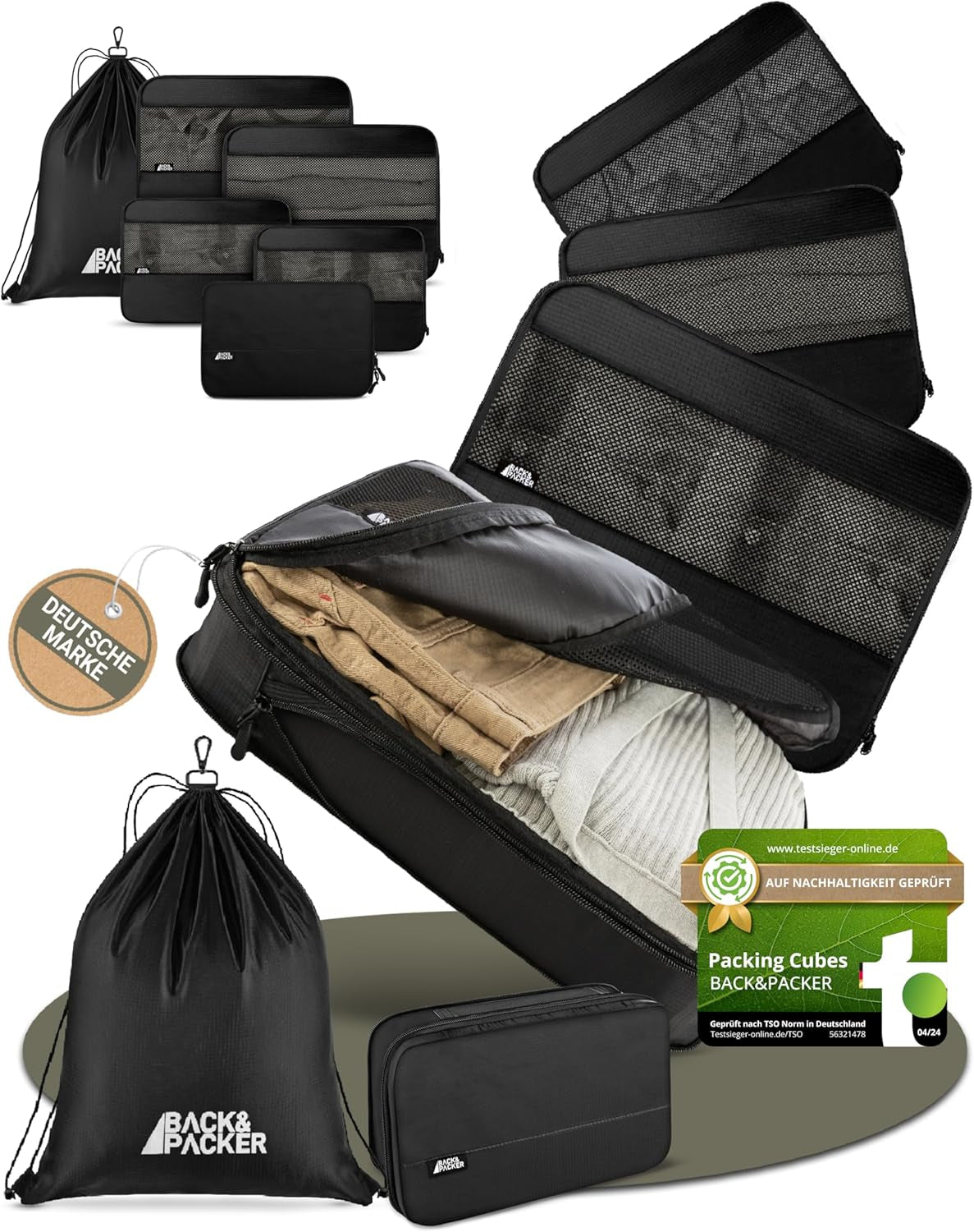 ® Packing Cubes Mit Kompression 6-Teilig - Packtaschen Set Aus Recyceltem Material - Leichte Organizer Für Rucksack & Koffer - Inkl. Packwürfel Für Nasse Wäsche & Beutel (Schwarz)