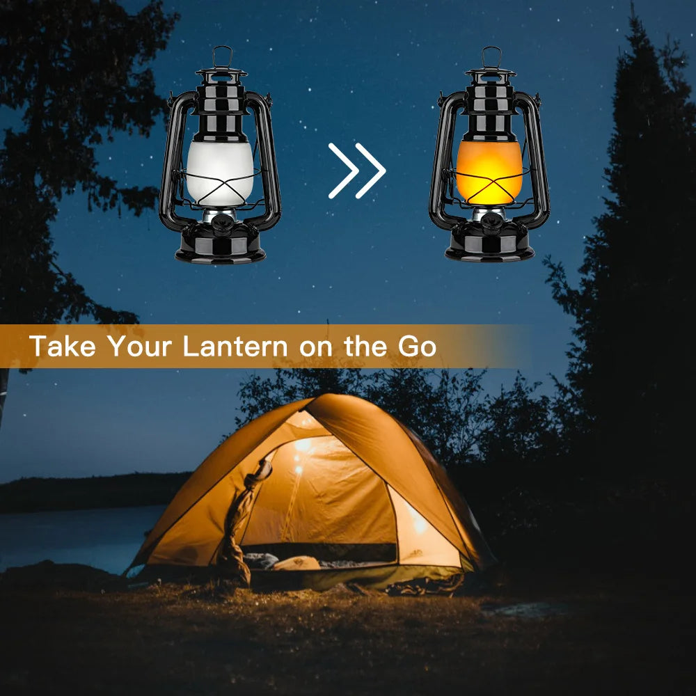 LED Vintage Camping Laterne mit flackernder Flamme, tragbar, batteriebetrieben, mit Knopfschalter, für Outdoor-Beleuchtung